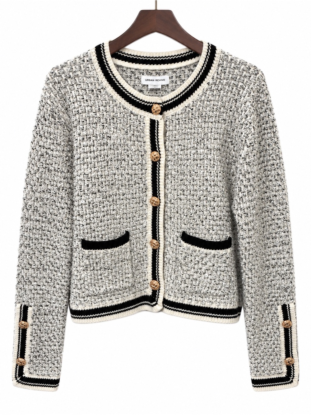 Urban Revivo Gray Tweed Contrast-Trim Cardigan Size XL
